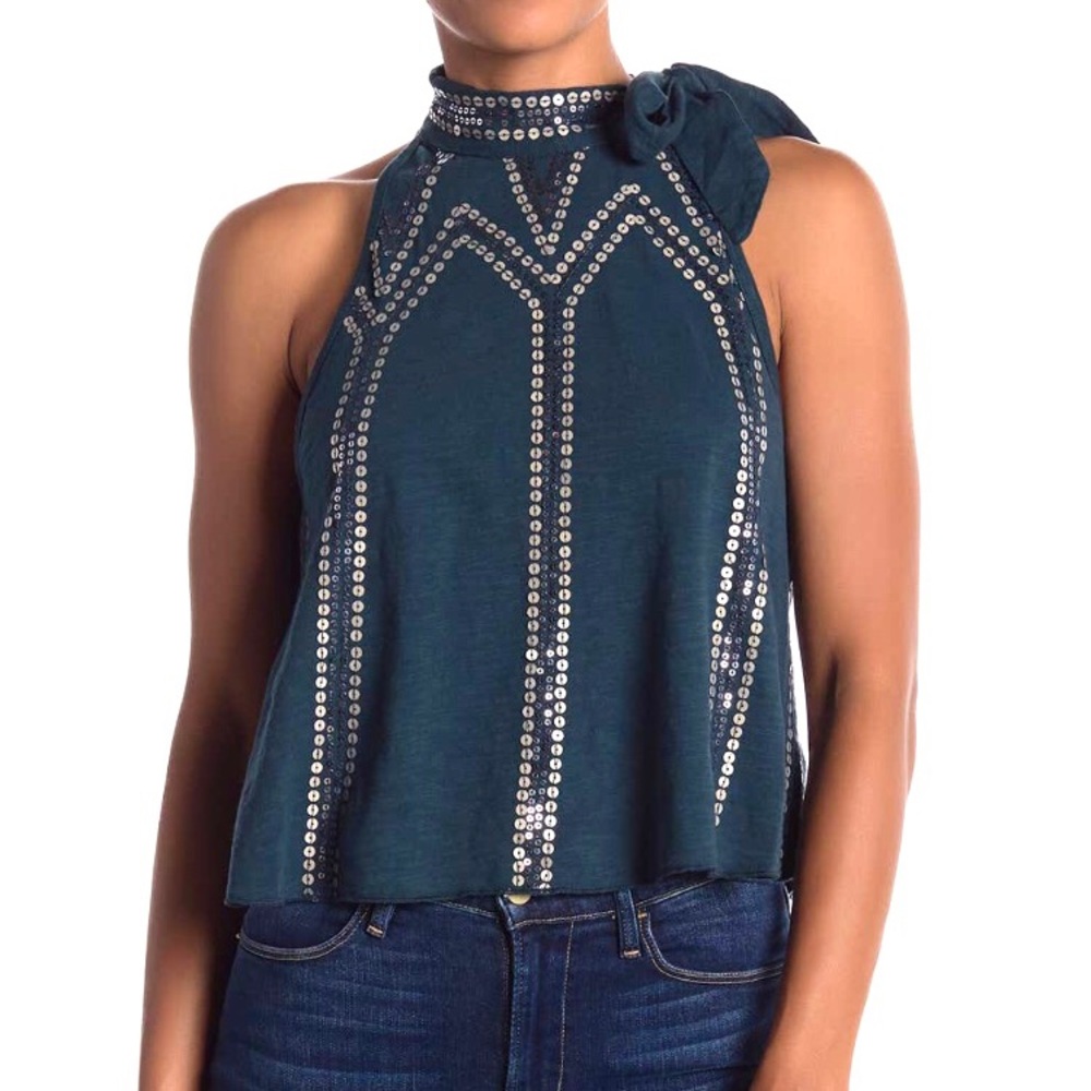 SOLD ♥️ Free People Glitter Sequin City High Neck Bow Tie Tank Blouse Turquoise - Picture 1 of 8